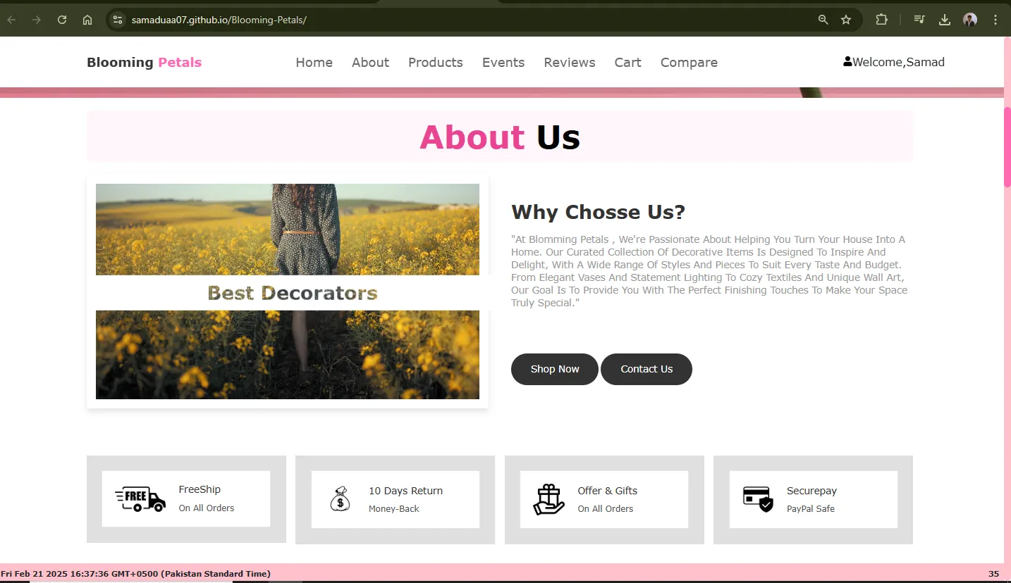 About page design for Blooming Petals project on Samad Portfolio