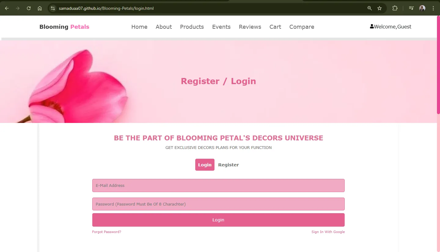 User login page for Blooming Petals project website